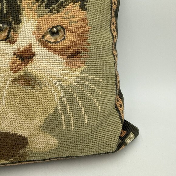 Vintage Imperial Elegance Wool Needlepoint Cats Throw Pillow Green Calico KItten - Picture 6 of 9